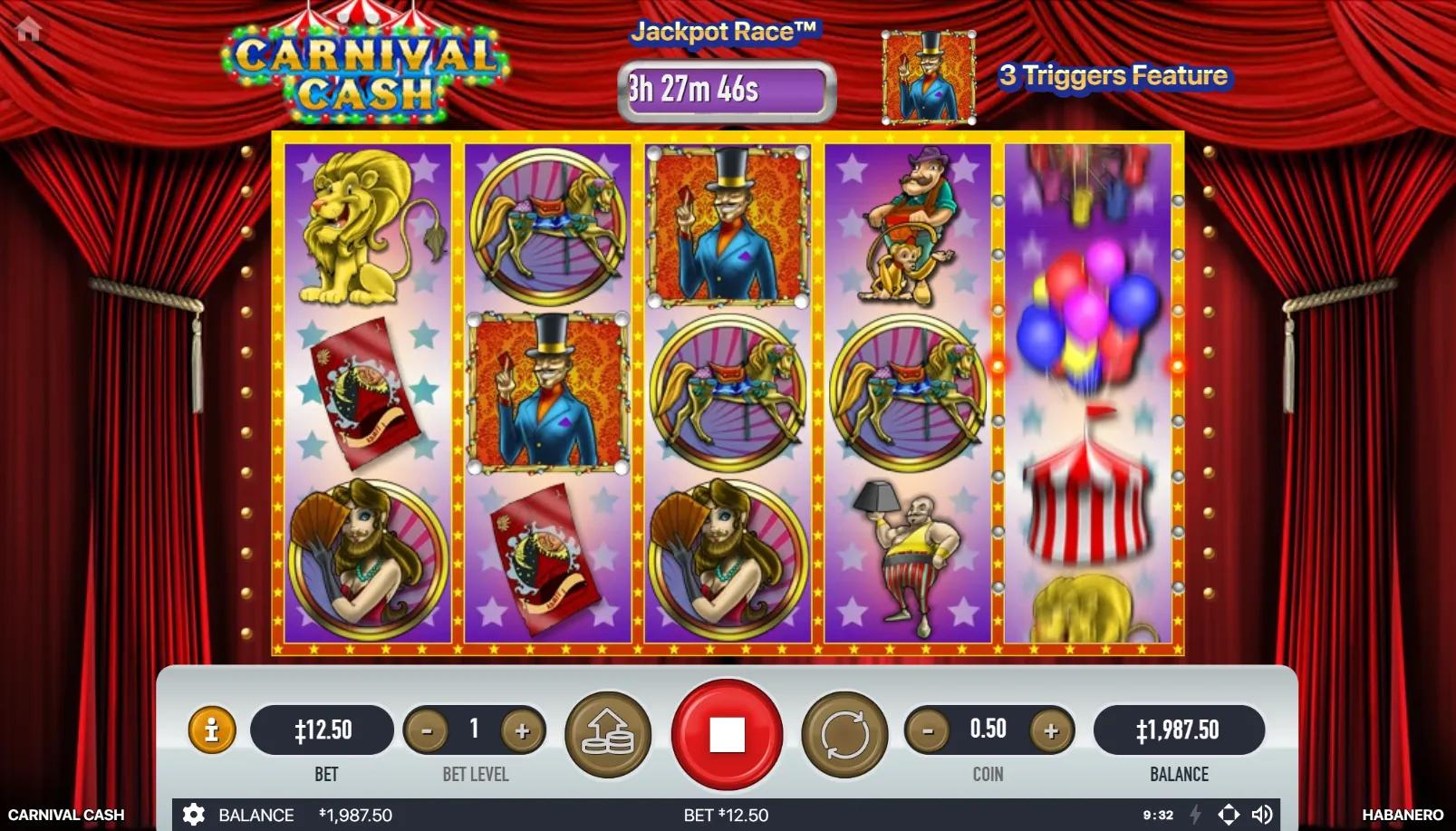 Carnival Cash slot gameplay showing 5x3 reels with stacked Elephant Wild, lion, Ringmaster scatter and bearded lady under red circus curtains