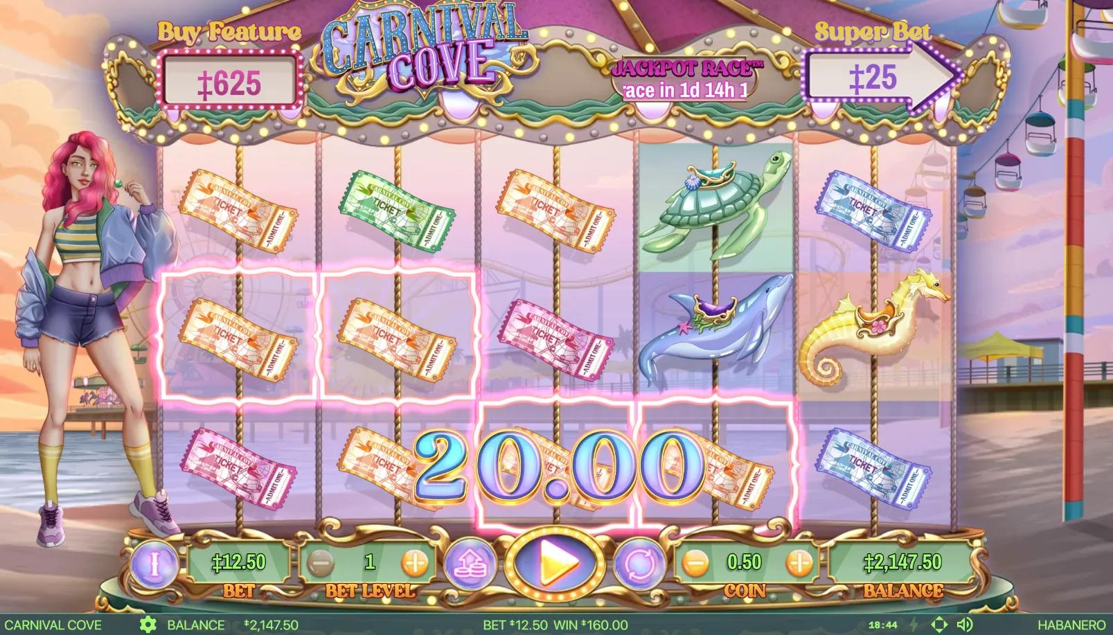 Carnival Cove slot gameplay showing 5x3 grid with carnival admit-one tickets, dolphin, and pink-haired beachgoer beside Ferris wheel pier