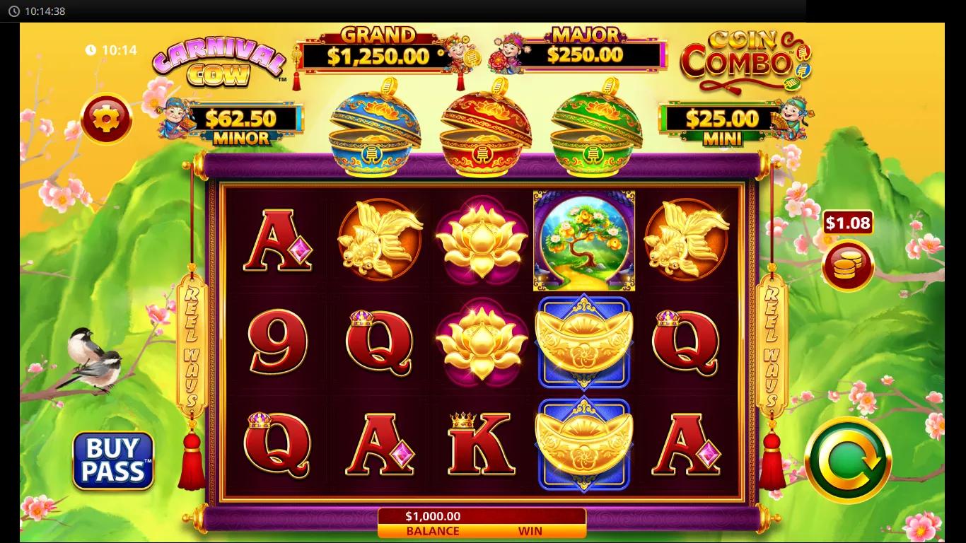 Carnival Cow Coin Combo slot by Light & Wonder showing 5x3 reels, three element bowls, and Fu Baby cow mascot