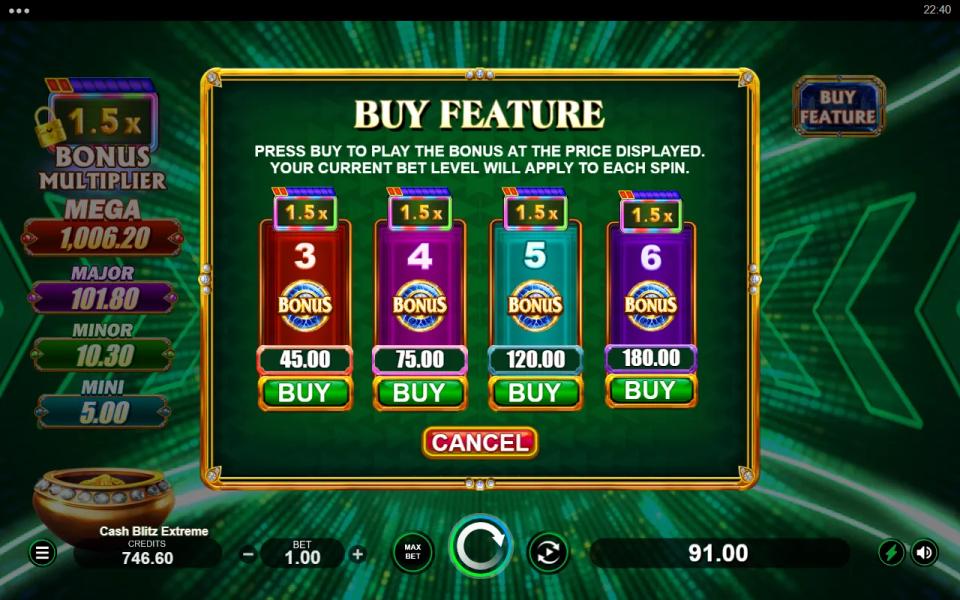 Cash Blitz Extreme Buy Feature menu at a 1.5x bonus multiplier, the four bonus buys priced 45, 75, 120 and 180 at a 1.00 bet