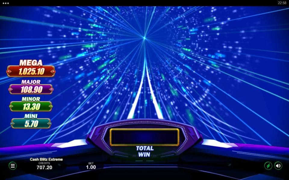 Cash Blitz Extreme Jackpot Feature start screen with a roller-coaster track, a Total Win box and the four jackpot values