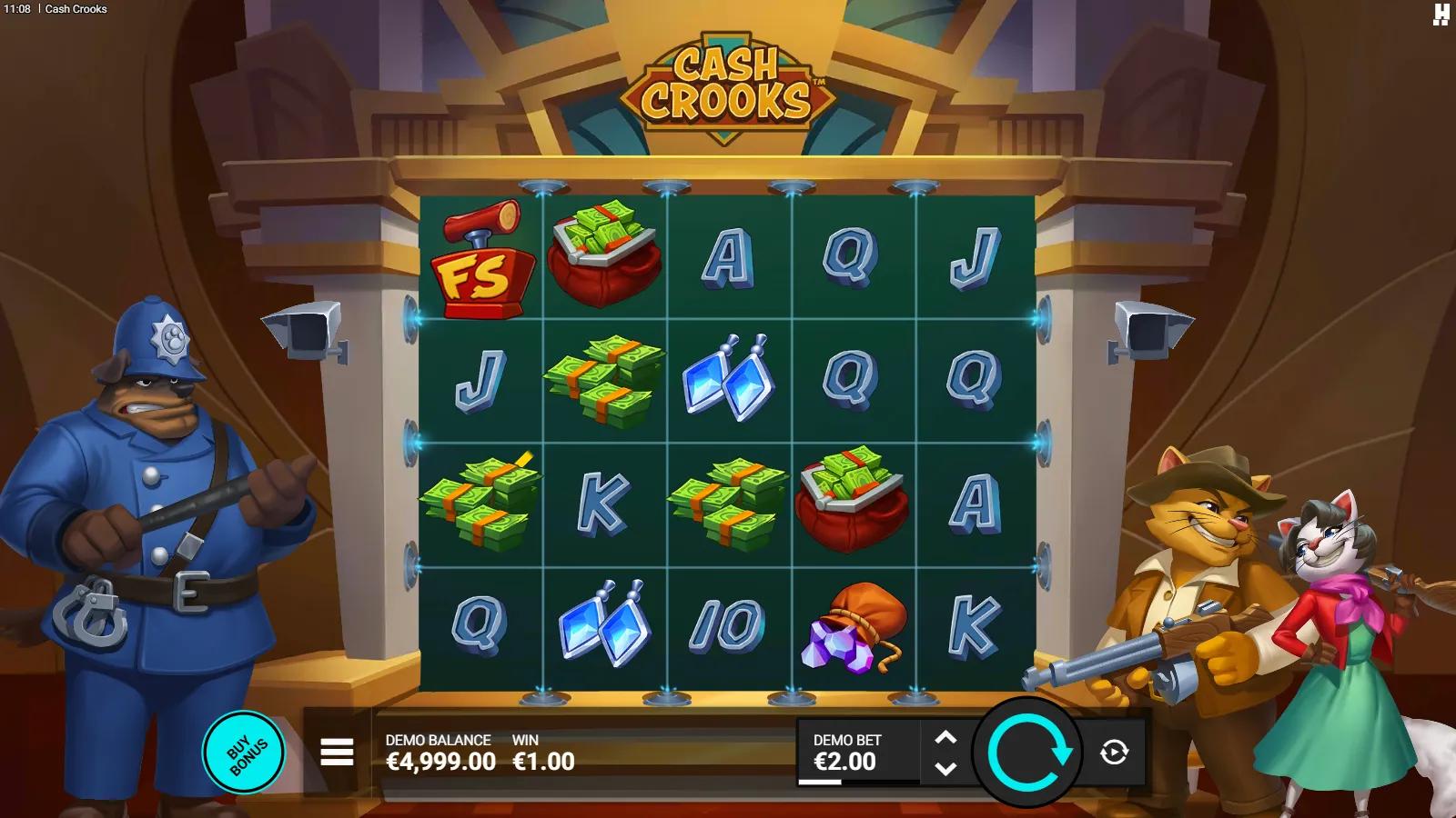 Cash Crooks slot gameplay showing the 5x4 vault grid with the FS scatter, money bags and cash-bundle loot symbols