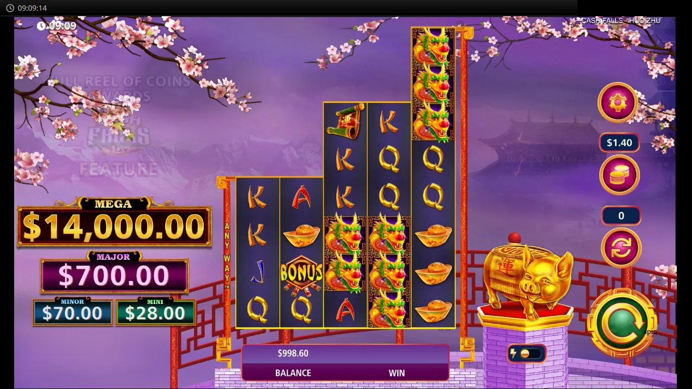 Cash Falls Huo Zhu slot by Light & Wonder showing 5x4 reels, pagoda courtyard, cherry blossoms, and jackpot ladder