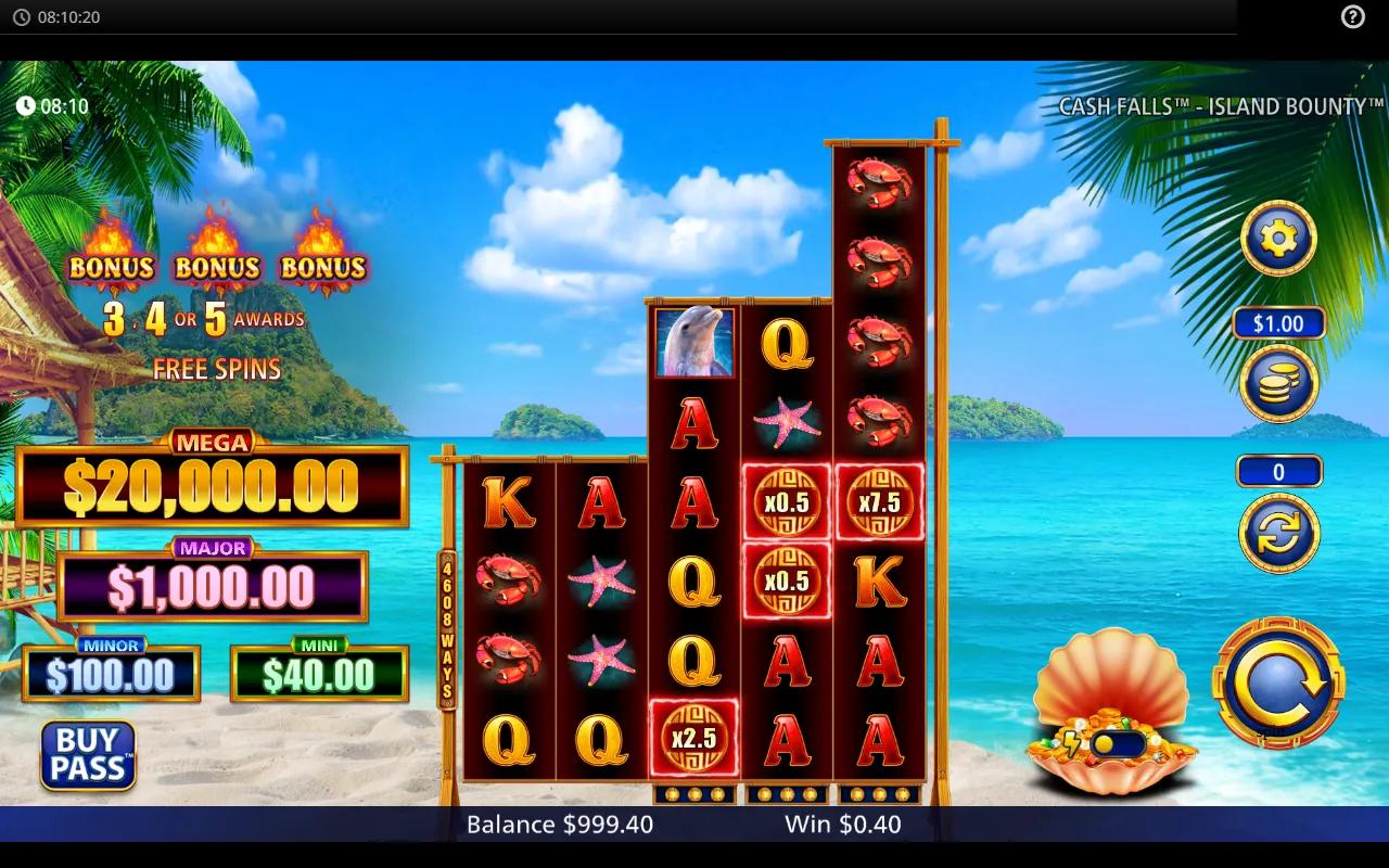 Cash Falls Island Bounty slot by Light & Wonder, tropical beach reels with bamboo frame and gold coins