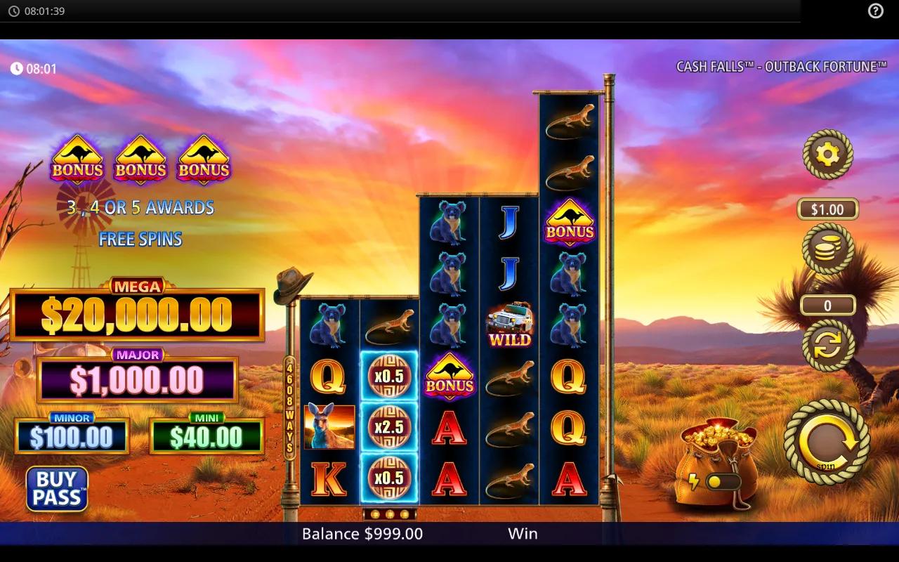 Cash Falls Outback Fortune asymmetric reels with Gold Coin multipliers, kangaroo and koala symbols against an Outback sunset