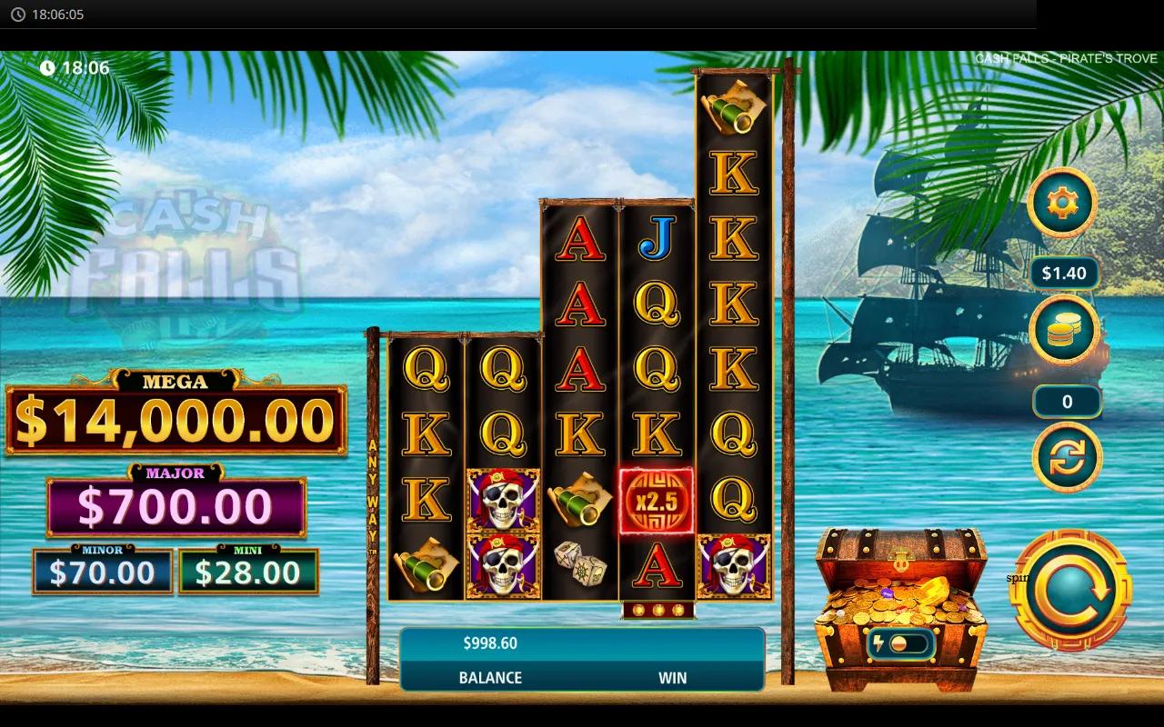 Cash Falls Pirate's Trove slot showing 4-4-6-6-8 stepped reel grid with held gold coin tiles and pirate ship backdrop