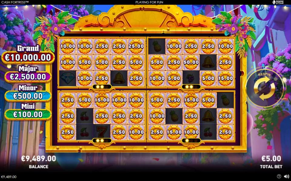 Quad Cash Fortress round with four 3x5 boards holding coins from 2.50 to 50