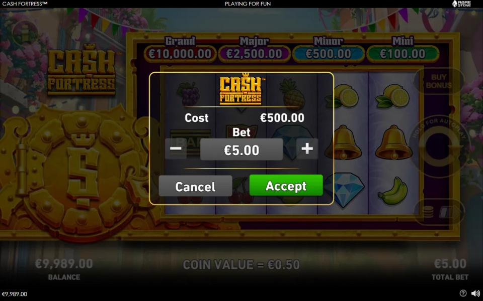 Cash Fortress buy bonus menu offering the Quad round for 100 times the bet