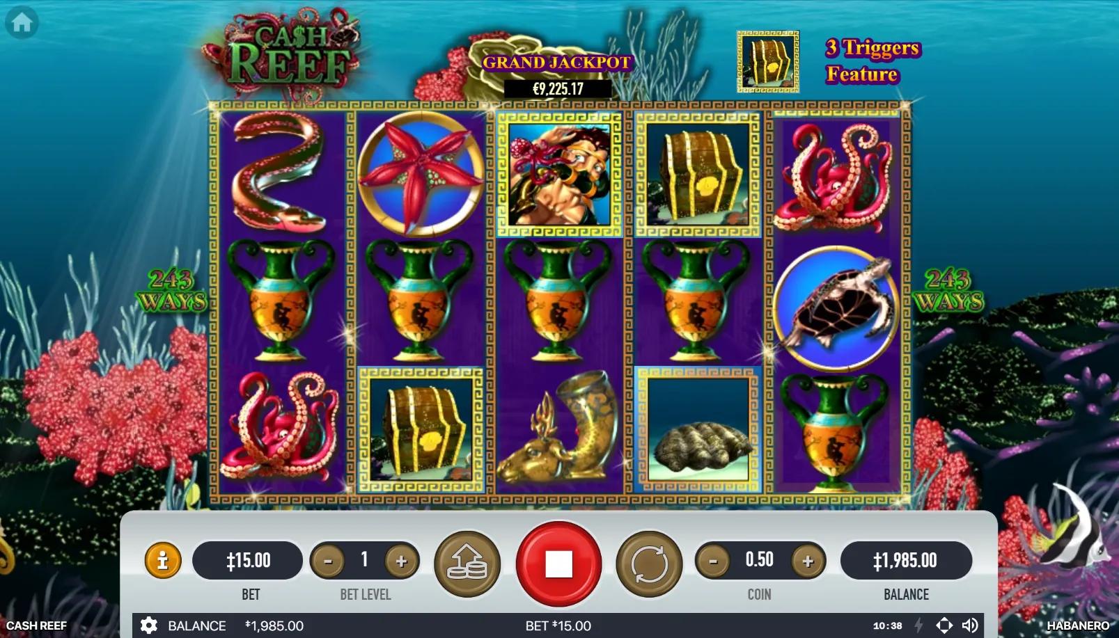 Cash Reef slot gameplay showing 5x3 243-ways grid with stacked wilds, treasure urns and starfish symbols