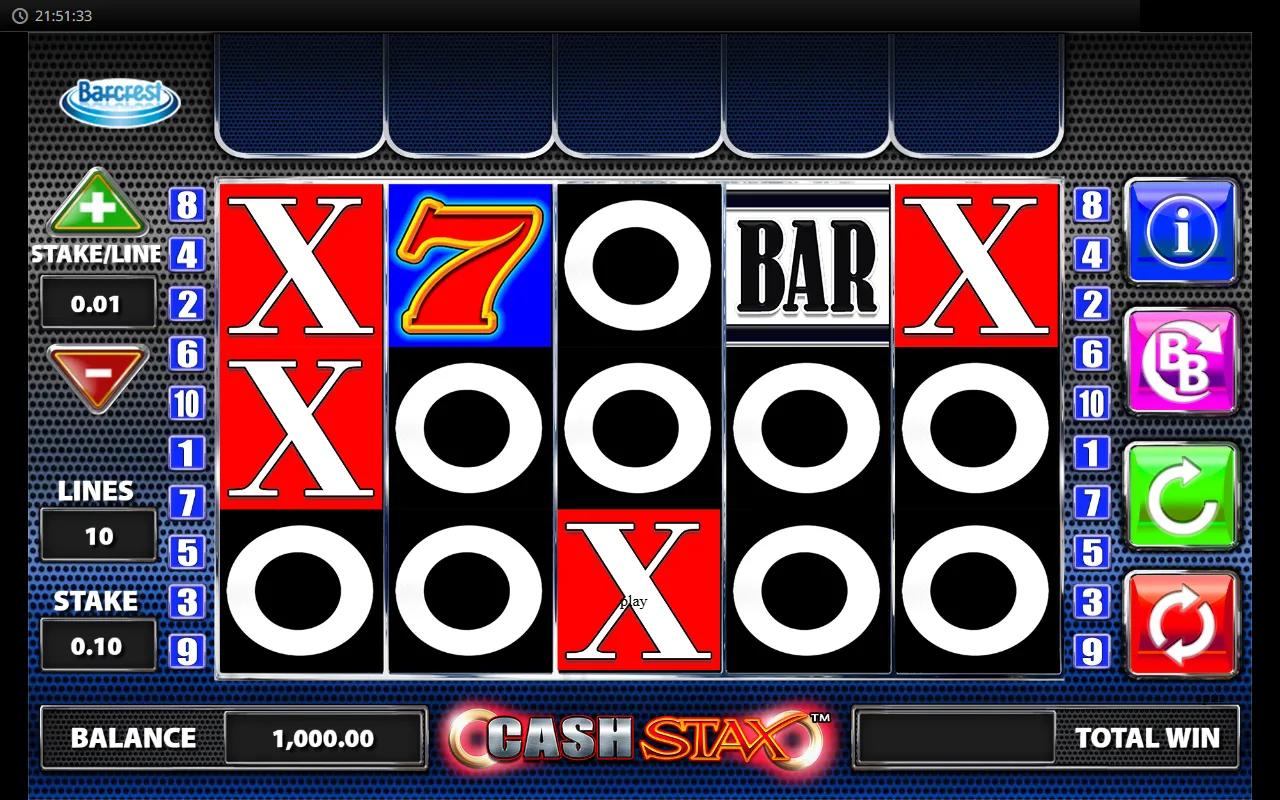 Cash Stax gameplay: 5x3 grid with stacked X and O symbols beneath the CASH STAX wordmark and Big Bet button.