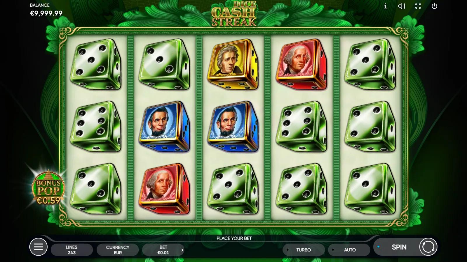 Cash Streak Dice slot gameplay showing 5x3 243-ways grid of dice cubes with president-portrait and pip symbols