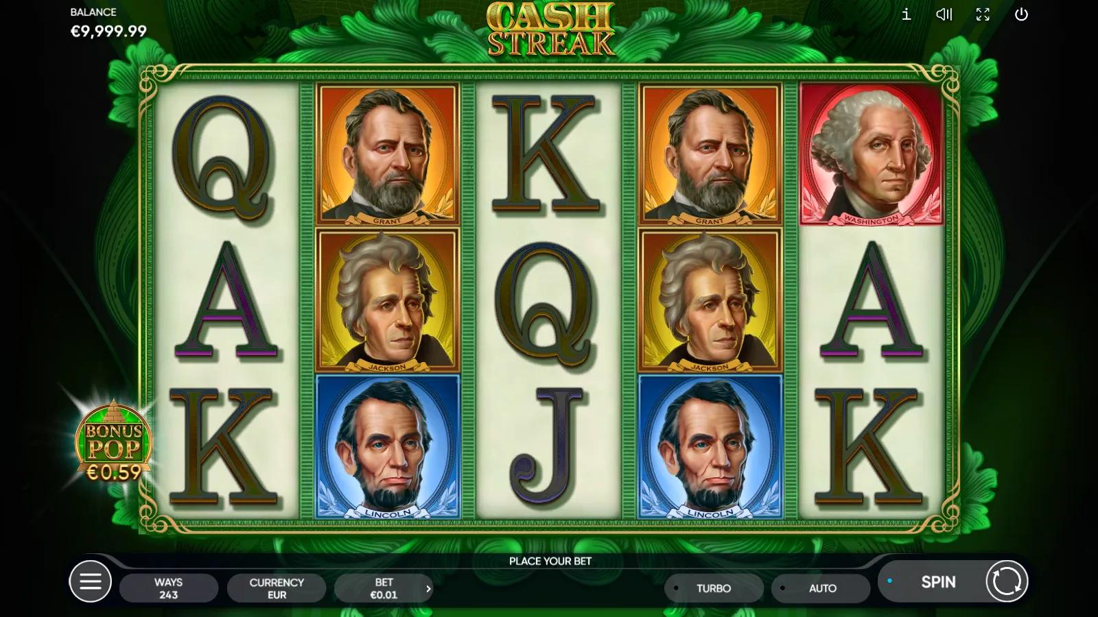 Cash Streak slot gameplay showing 5x3 reels with US president banknote portraits and engraved card royals on a green frame