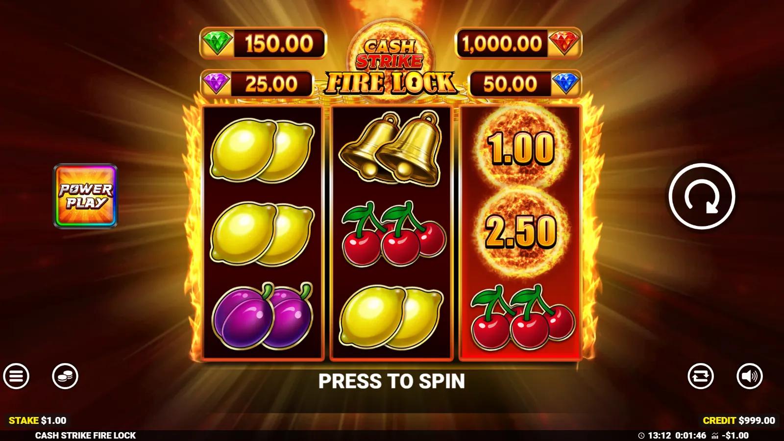 Cash Strike Fire Lock slot gameplay showing the flaming 3x3 fruit grid with fireball Cash Prize symbols and the four gem pots