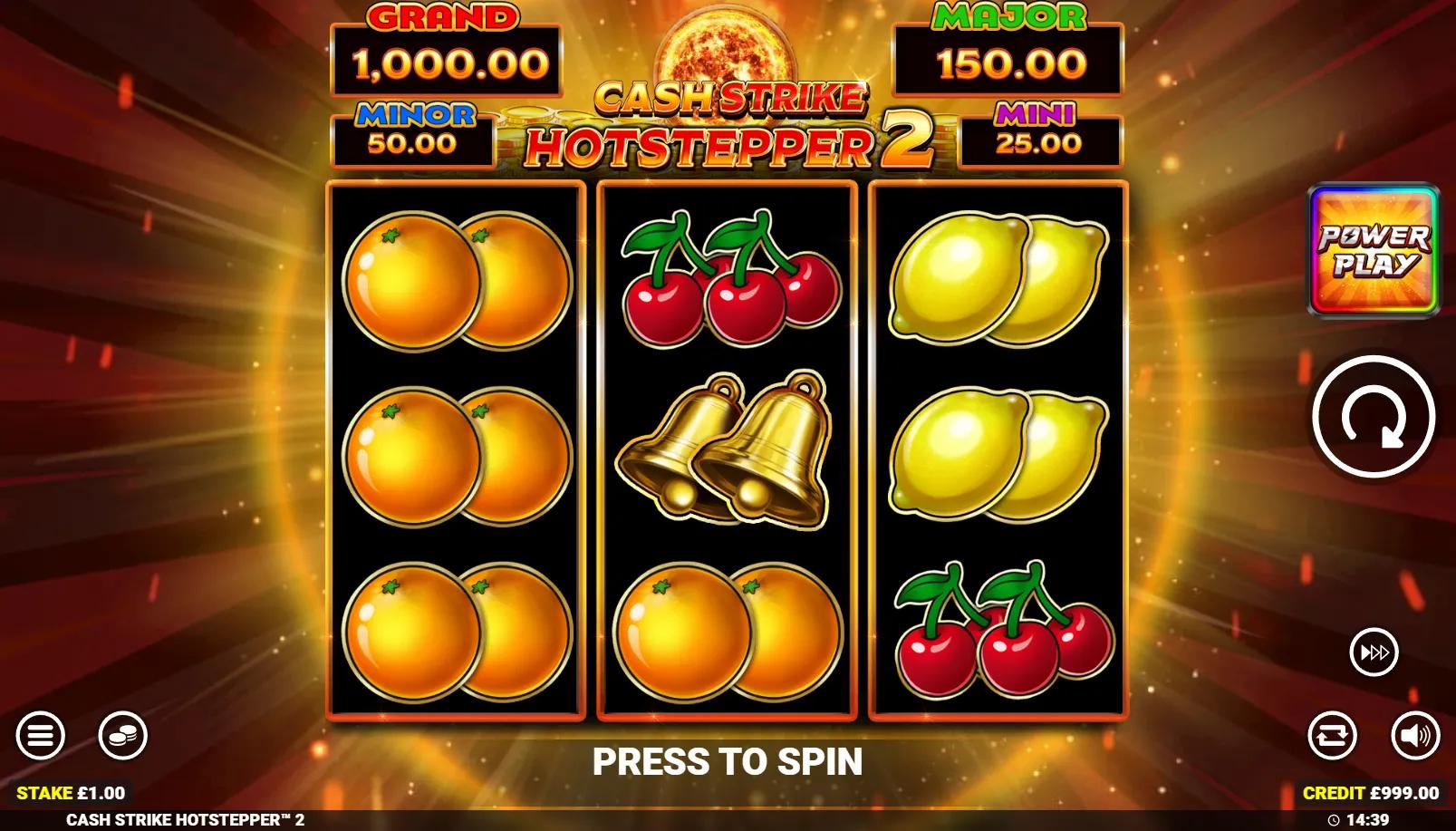 Cash Strike Hotstepper 2 slot showing 3x3 fruit grid with Power Up reels, Cash Collect on reel 2 and 4-tier jackpot panel