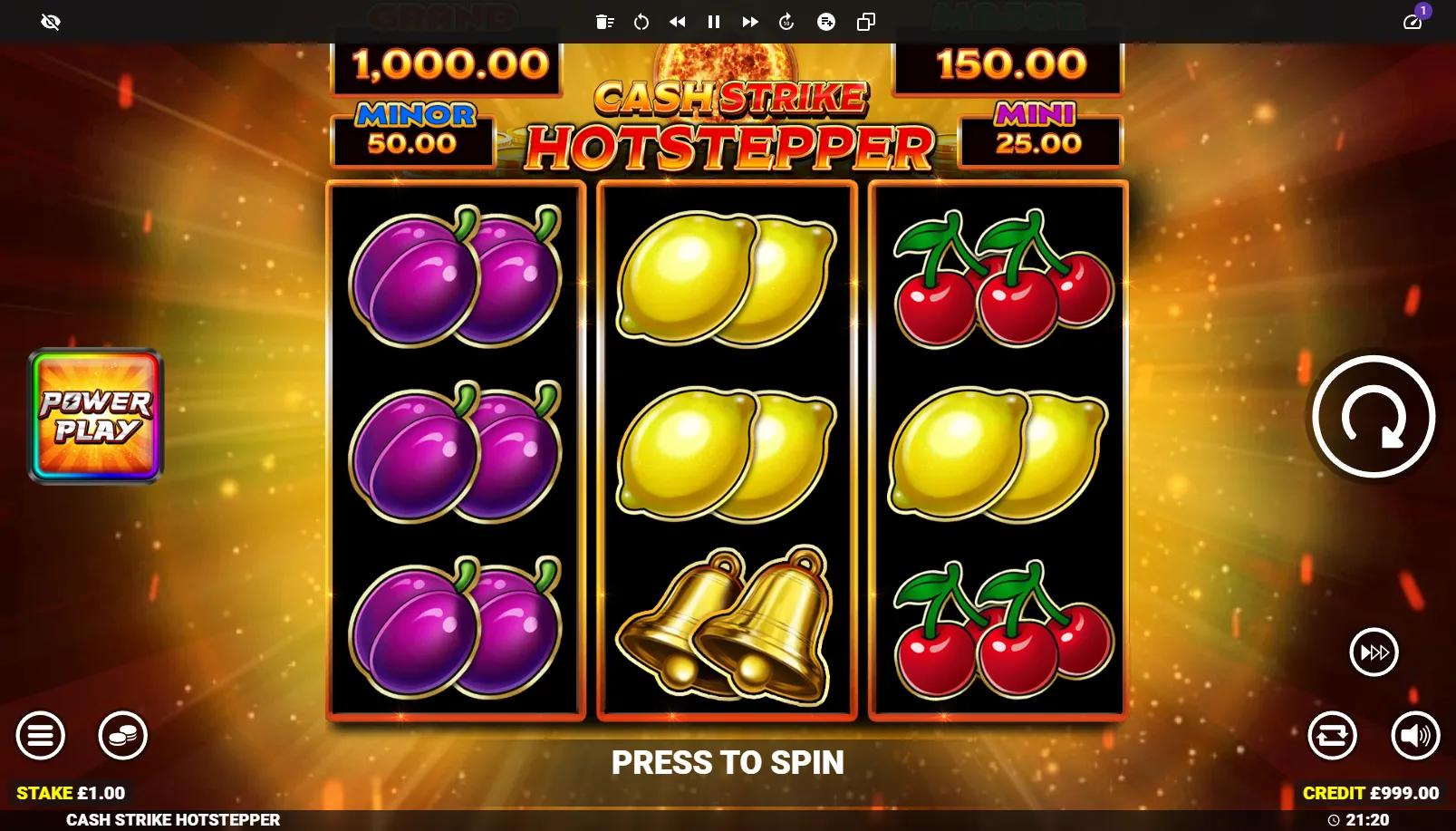 Cash Strike Hotstepper slot showing 5x3 fruit grid with Cash Collect on reel 2 and 4-tier jackpot panel