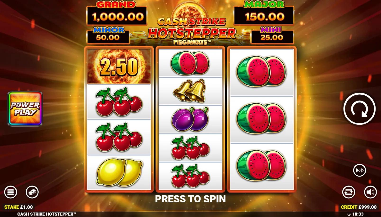 Cash Strike Hotstepper Megaways slot showing 3-reel Megaways grid with Cash Collect on reel 2 and 4-tier cashpot panel