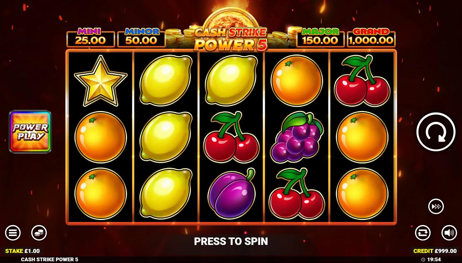 Cash Strike Power 5 slot showing 5x3 fruit grid with Cash Scatter values on outside reels, Collect on reel 3 and 4-tier jackpot panel