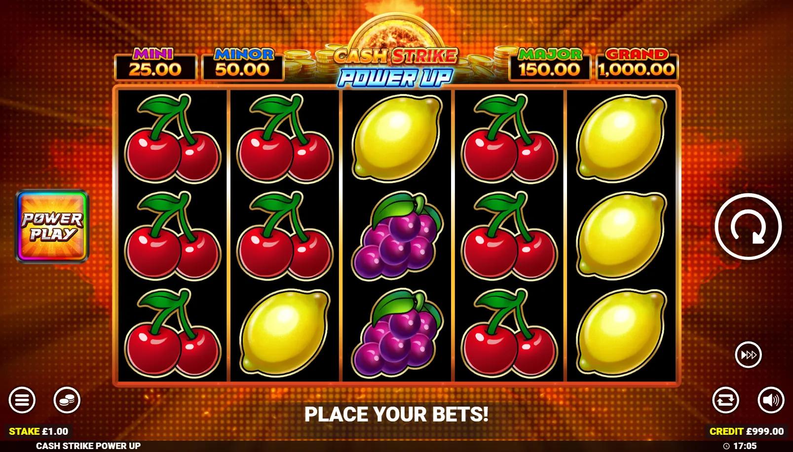 Cash Strike Power Up slot showing 5x3 fruit grid with Power Up Cash Collect on reel 3 and 4-tier cashpot panel