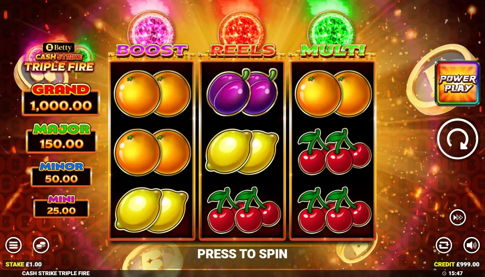 Cash Strike Triple Fire slot showing 3x3 fruit grid with three colored fireballs above and Cash Collect on reel 2