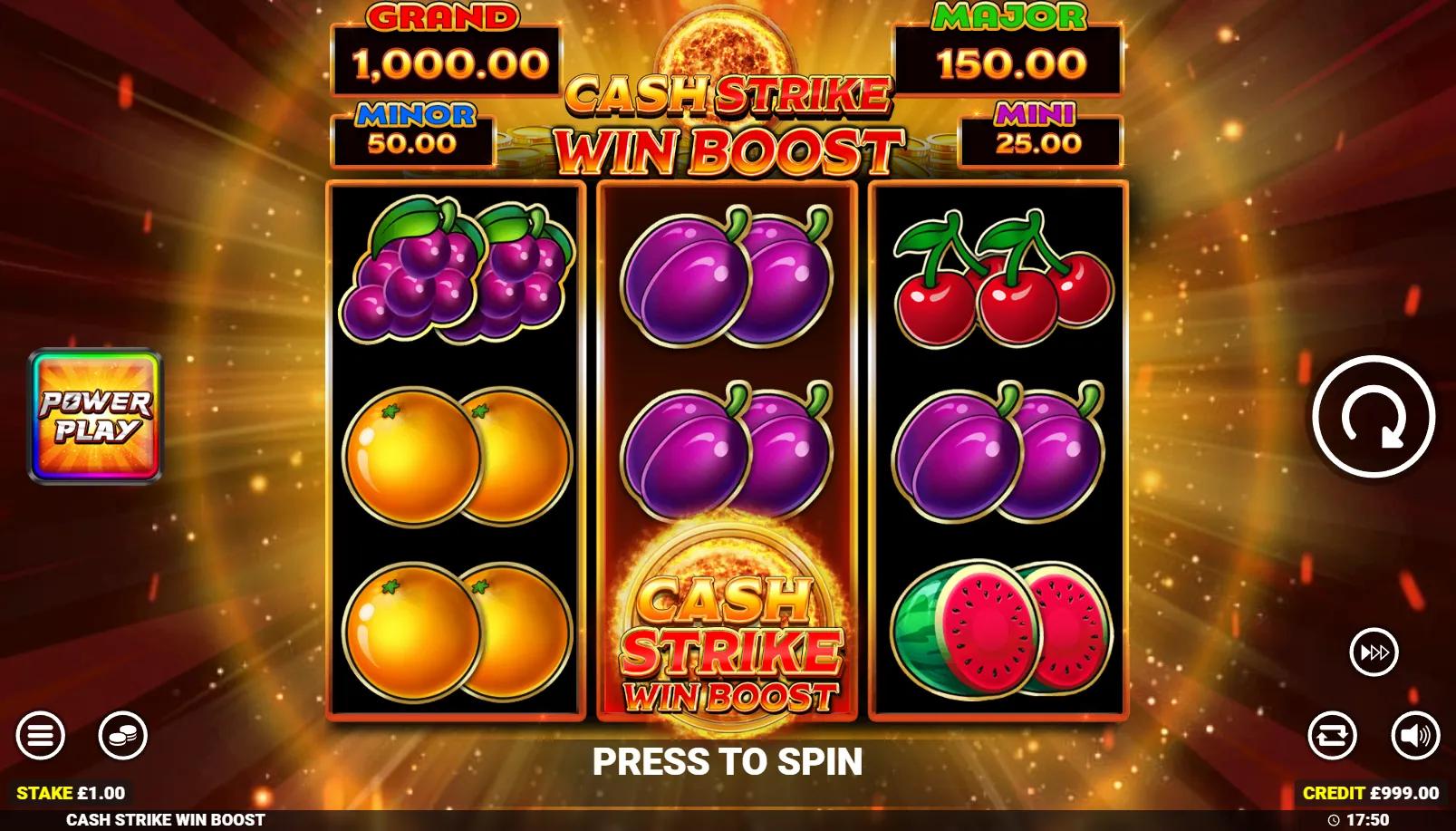 Cash Strike Win Boost slot showing 3x3 fruit grid with Cash Collect on reel 2 and 4-tier cashpot panel