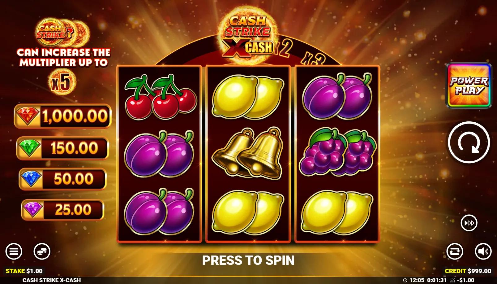 Cash Strike X Cash slot showing 3x3 fruit grid with Collect Multiplier indicator and 4-tier jackpot panel