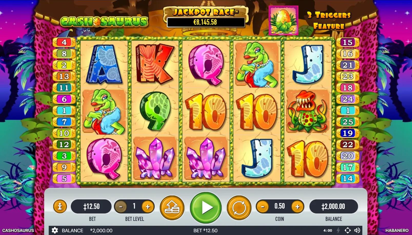 Cashosaurus slot gameplay showing 5x3 grid with cartoon Cashosaurus, dinosaur egg, T-rex, brontosaurus, stegosaurus and prehistoric symbols on cartoon Jurassic backdrop