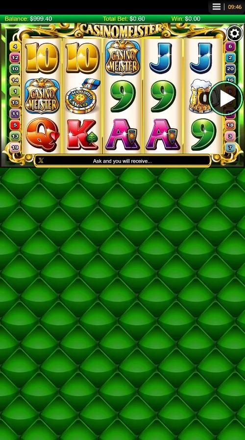 Casinomeister slot showing 5x3 grid with beer-mug Wild, Casino Meister coin logo and card royals across 20 paylines