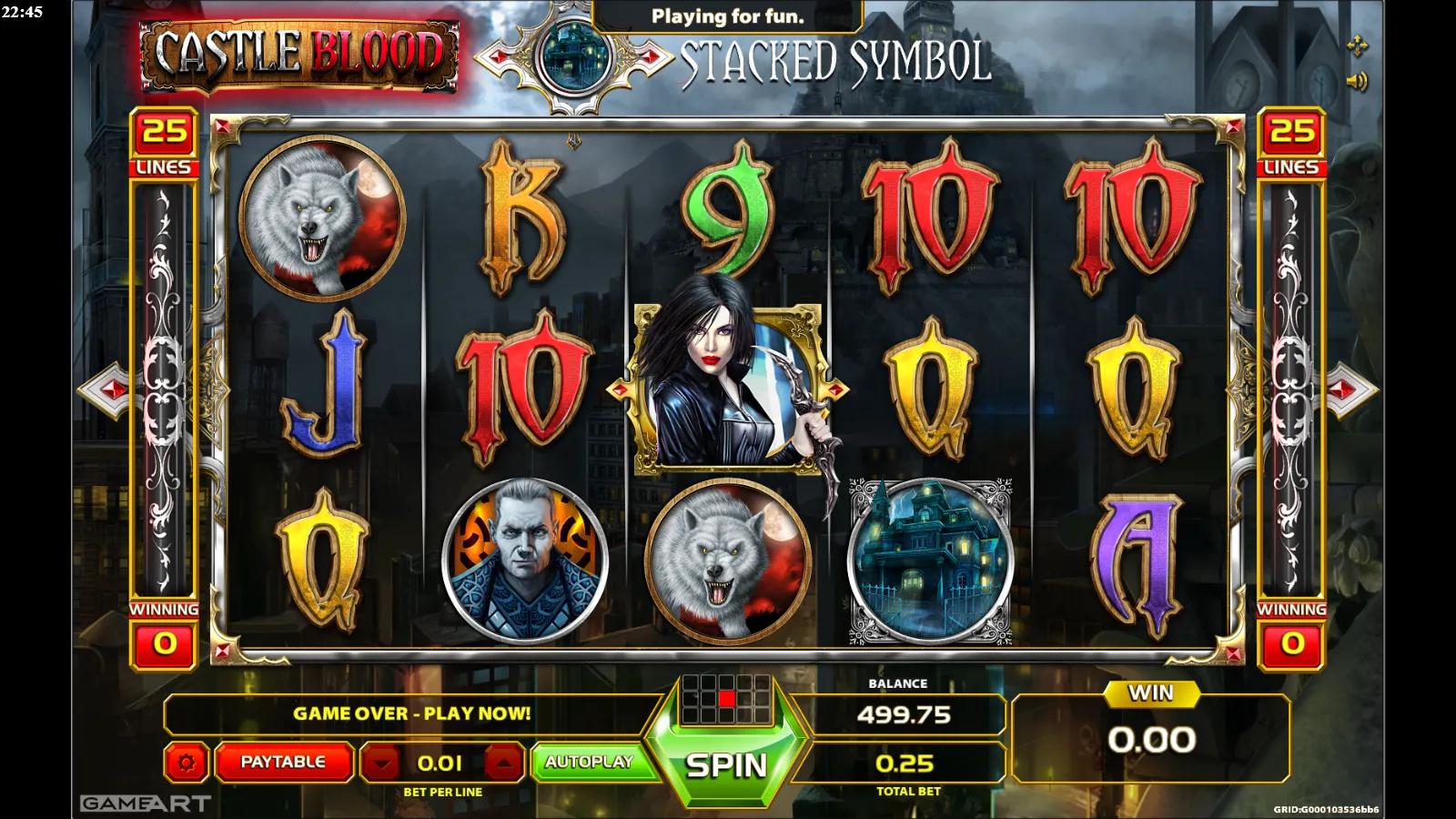 Castle Blood slot gameplay showing the 5x3 reels with vampire, wolf and blood-goblet symbols and a gold crest wild