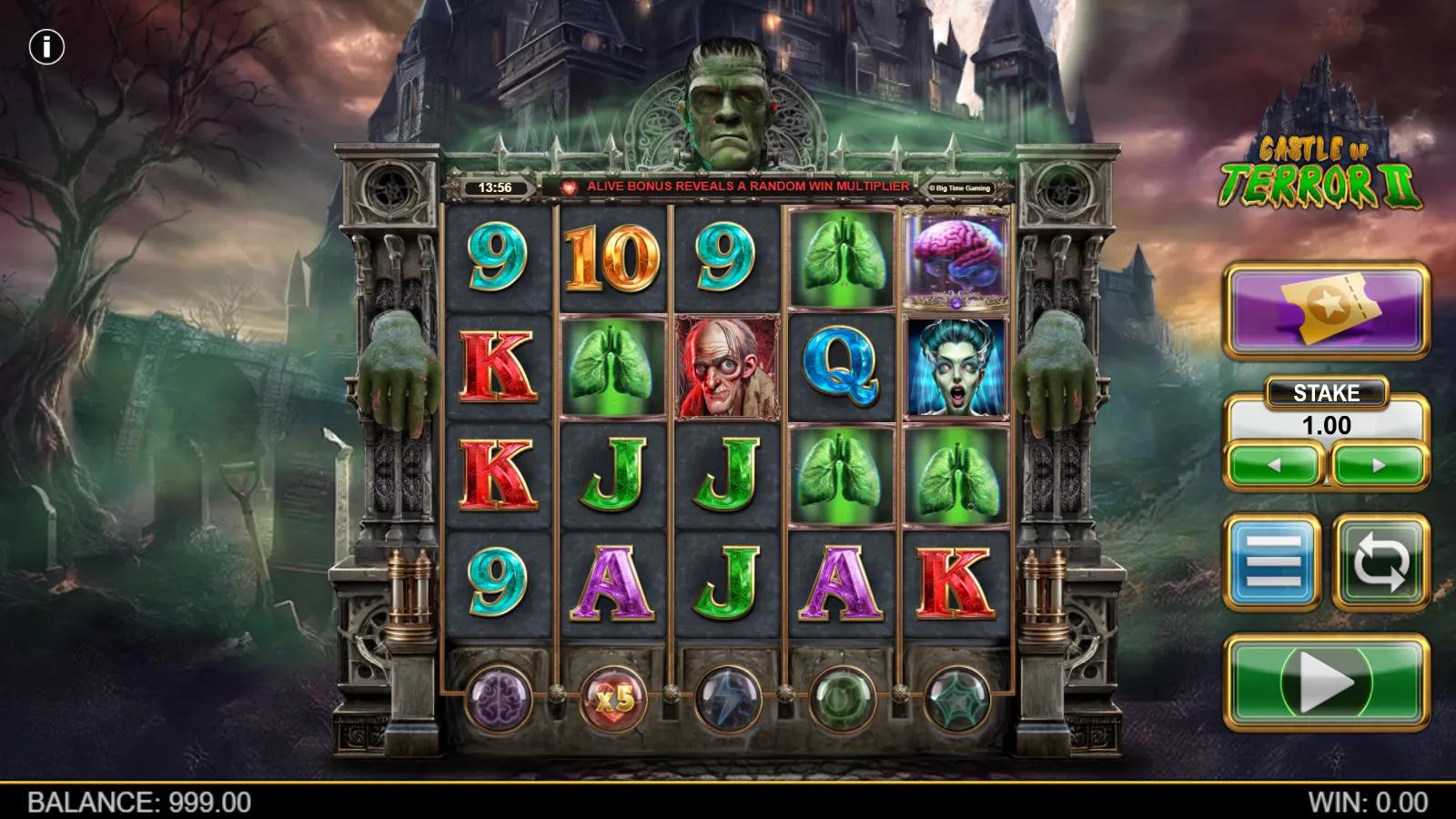 Castle of Terror II slot gameplay showing 5-reel grid with classic-monster character symbols and a Frankenstein head