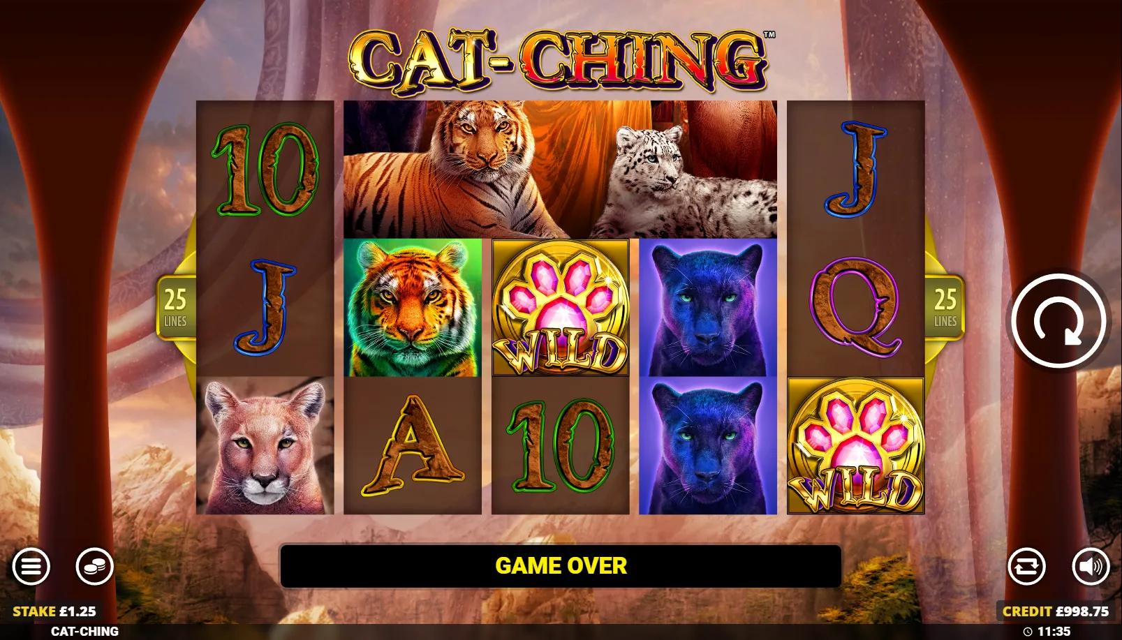 Cat-Ching slot gameplay showing the 5x3 grid with Wild pawprint symbols and big cat portraits across 25 paylines