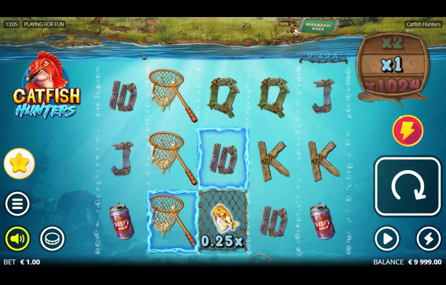 Catfish Hunters slot gameplay showing 5x3 underwater grid with Fish value symbols and global multiplier barrel