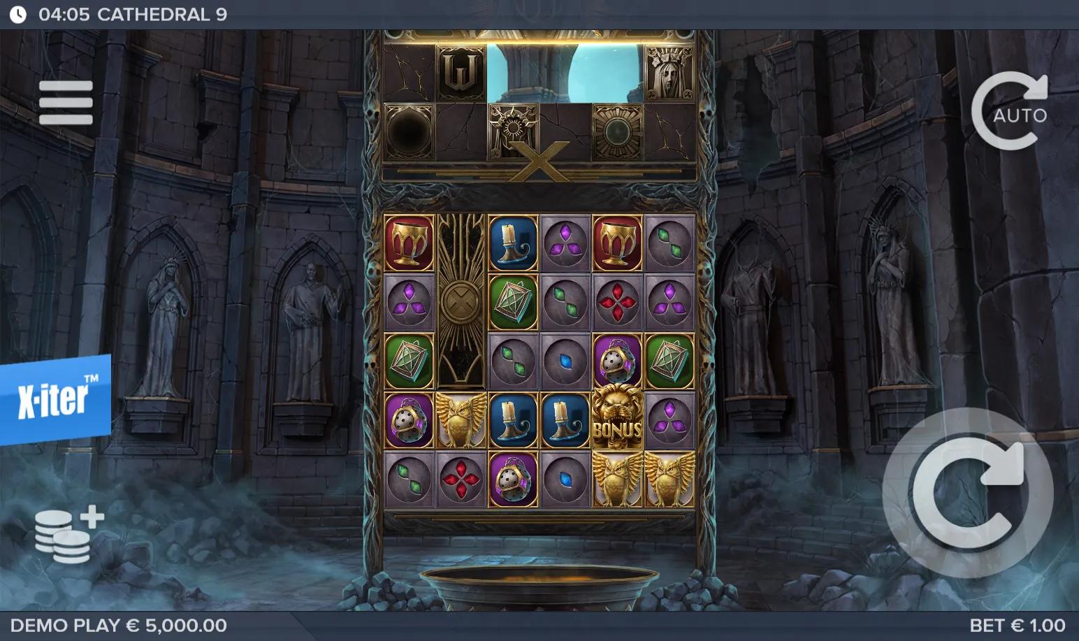 Cathedral 9 reels showing Horror symbols and Buy Bonus