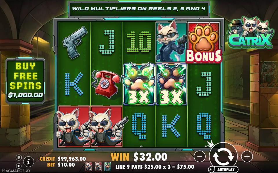 Catrix 5x3 grid in a green subway tunnel, two glowing paw wild symbols marked 3X on the middle reels completing a line of gangster cats, win readout showing 25.00 multiplied by 3 for 75.00