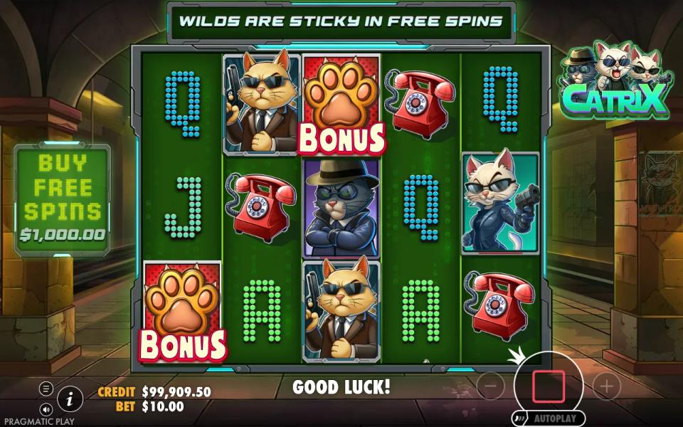 Catrix 5x3 grid with orange Bonus paw scatters on reels one and three, a red telephone on reel five, and the footer reading good luck