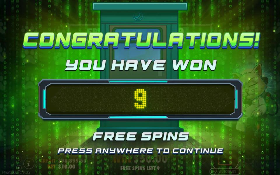 Catrix free spins award card on a green digital-rain background reading nine free spins won