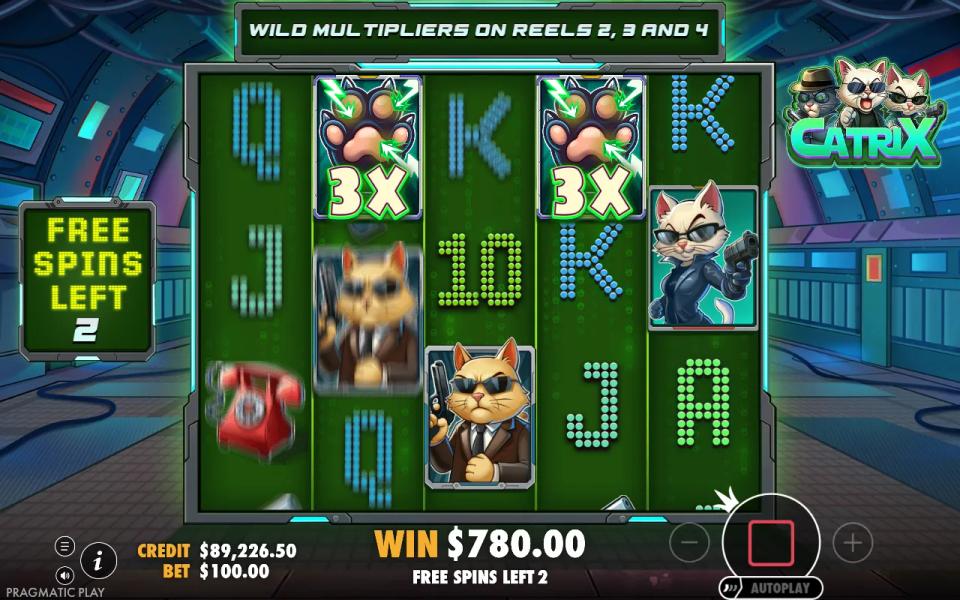 Catrix free spins grid with two sticky paw wilds marked 3X held on reels two and four, the win total unchanged at 780.00 and two free spins left