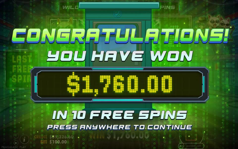 Catrix free spins result card reading 1,760.00 won in ten free spins