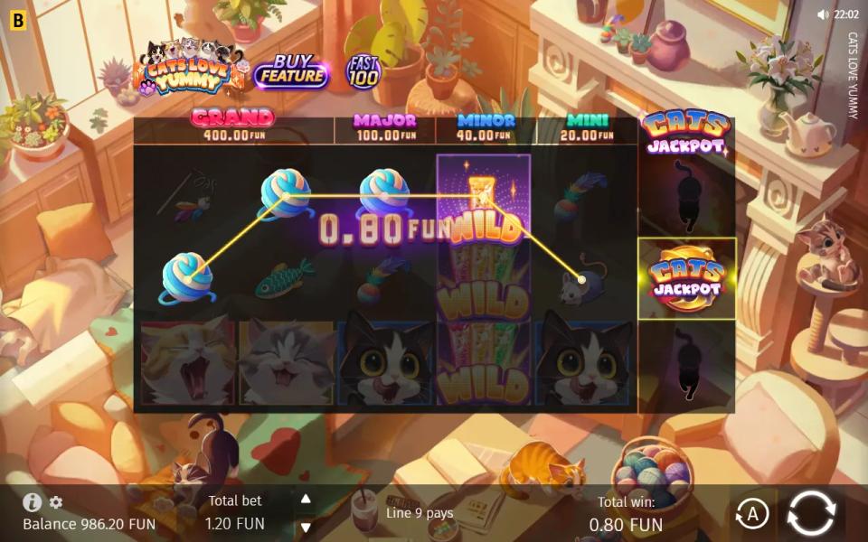 Cats Love Yummy base game board with a stacked wild on reel four, a winning payline, and the Cats Jackpot tile lit in the sixth reel's centre cell