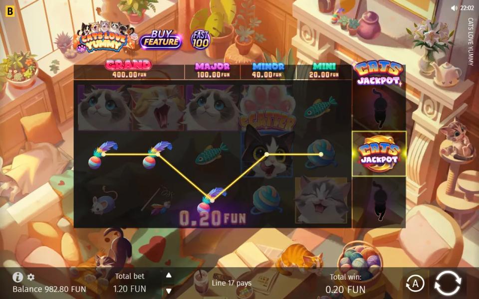 Cats Love Yummy paying 0.20 for three feather-wand toy symbols across the first three reels at a 1.20 total bet