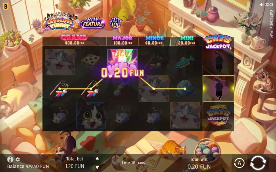 Cats Love Yummy with the Cats Jackpot tile on the sixth reel's bottom cell while the lit centre cell holds an ordinary cat, so no jackpot is armed