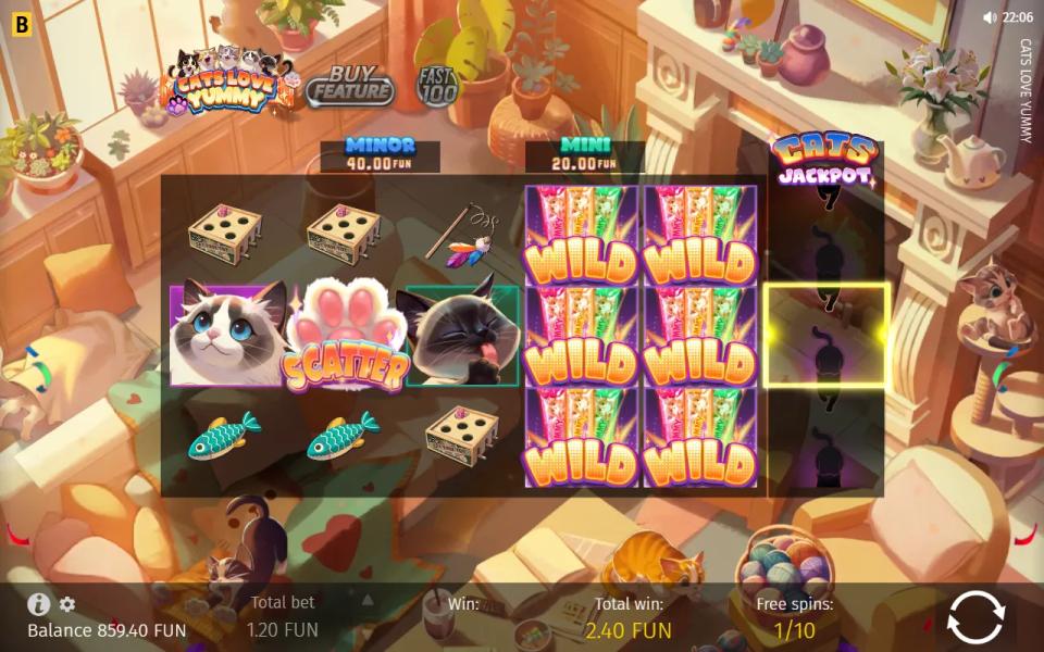 Cats Love Yummy free spins with reels four and five entirely wild and only the Minor and Mini jackpot panels remaining above the reels
