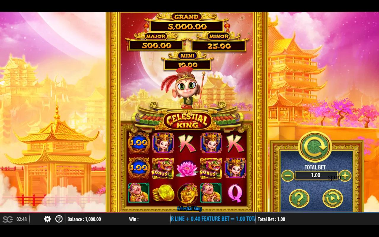 Celestial King 5x3 reels with gold temple border, red lanterns, pagodas and cherry-blossom sky.