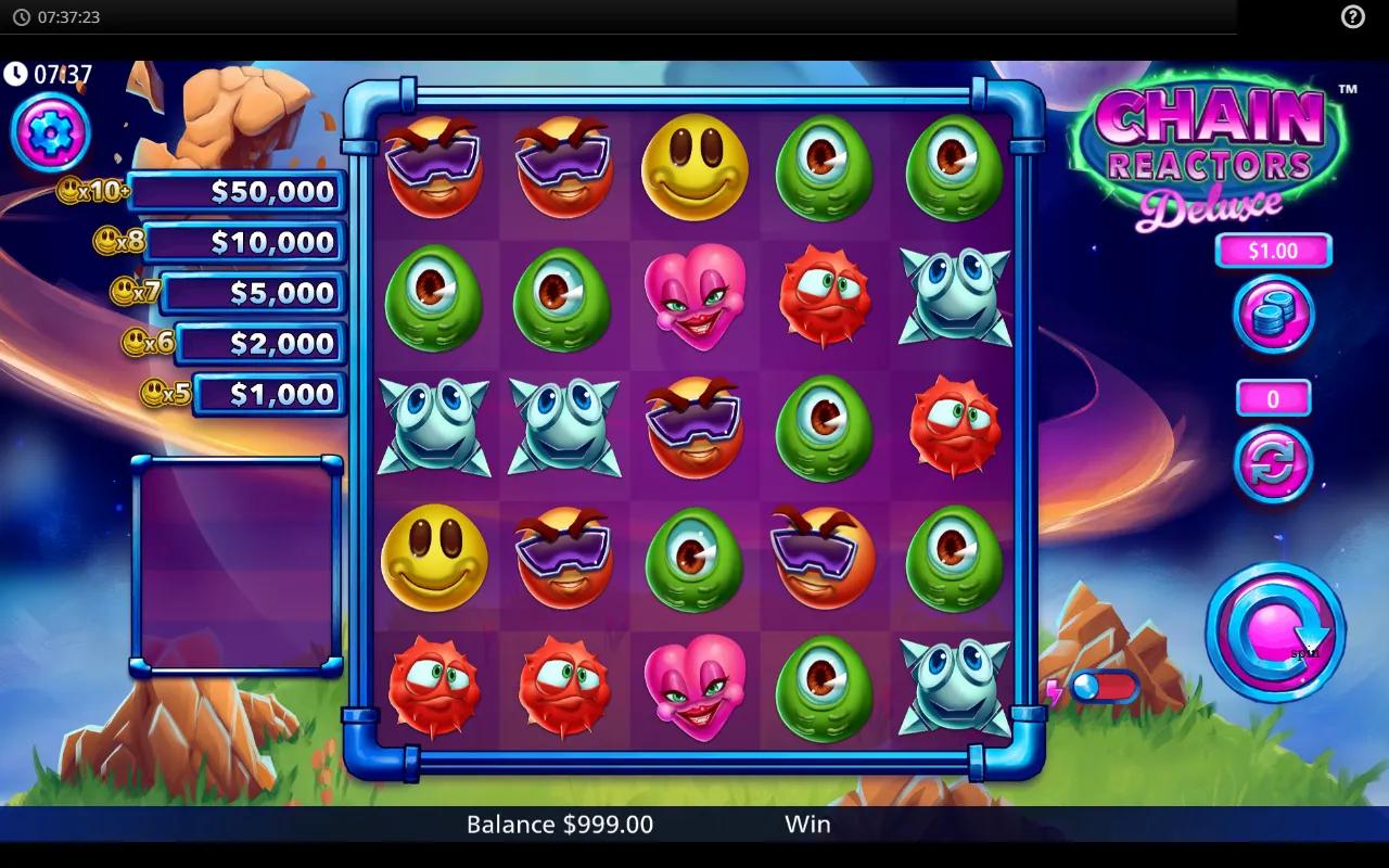 Chain Reactors Deluxe 5x5 grid with cartoon alien symbols and GOLDIE smiley on a purple sci-fi backdrop