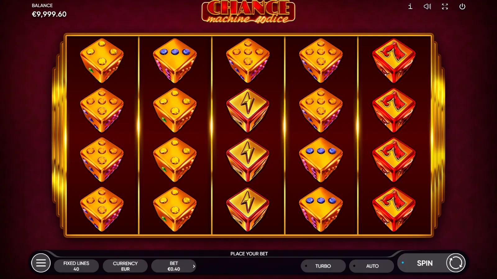 Chance Machine 40 Dice slot gameplay showing the 5x4 reels of golden gem-pip dice with a lightning-bolt Wild and red 7