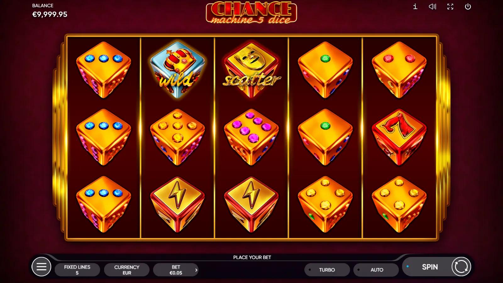 Chance Machine 5 Dice slot gameplay showing 5x3 golden gem-dice reels with a crown Wild, red 7 and lightning dice