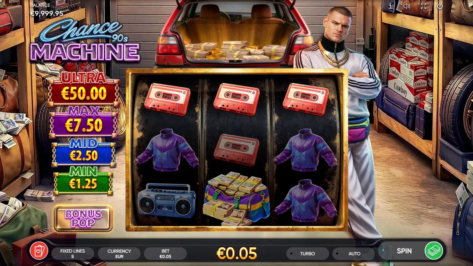 Chance Machine 90s slot gameplay showing the 3x3 grid with cassette and tracksuit symbols beside the jackpot ladder