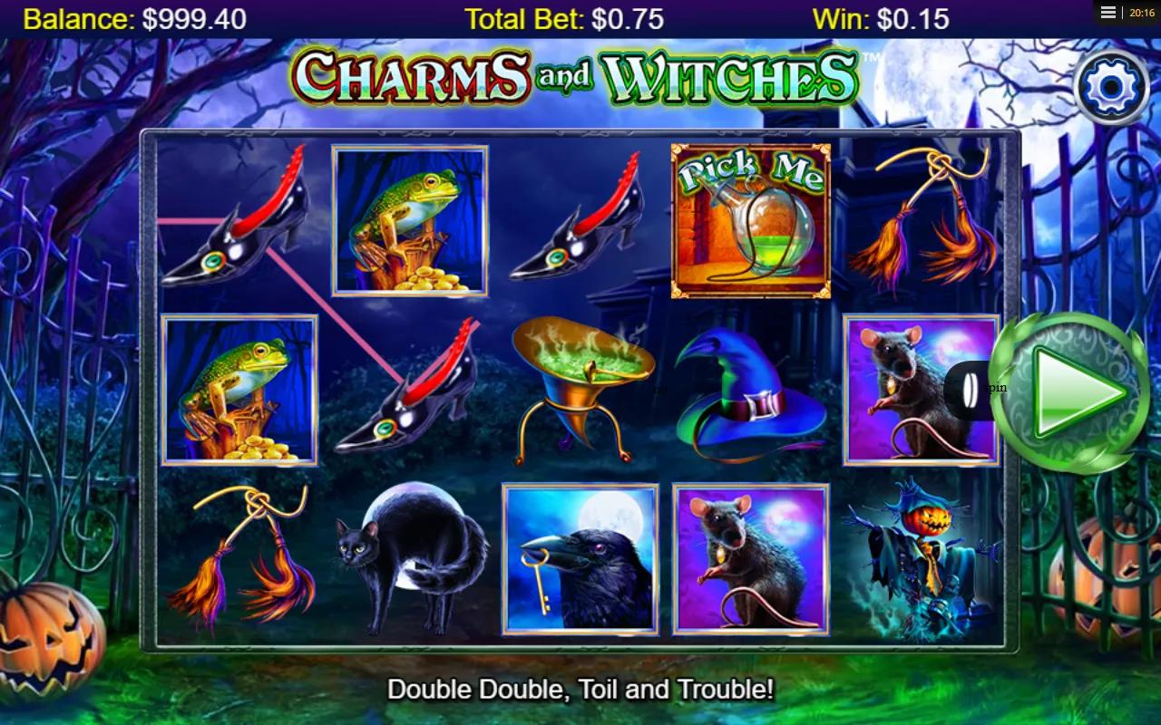 Charms and Witches 5x3 grid showing Witch, Skull and Pick Me cauldron symbols against a moonlit haunted mansion backdrop