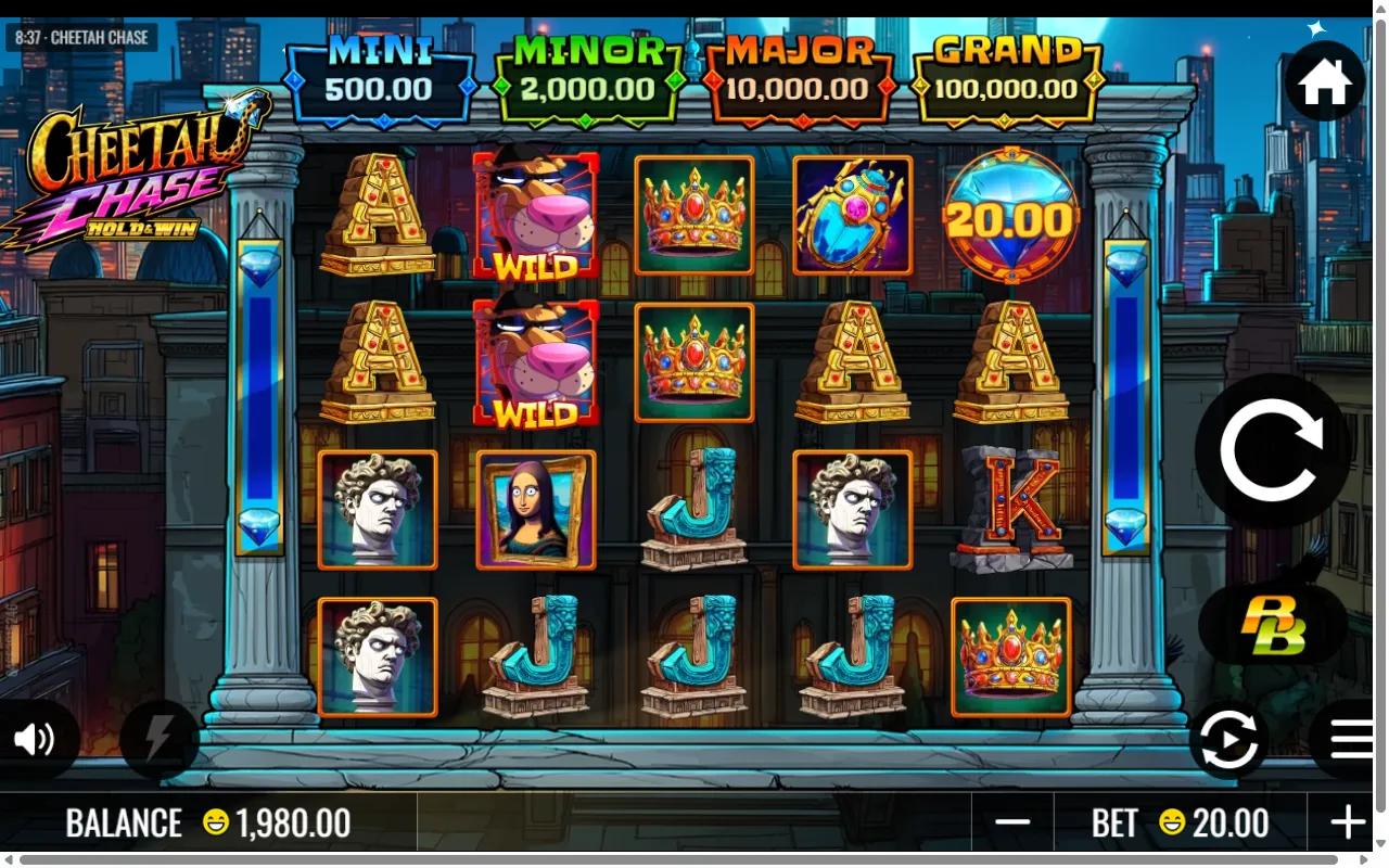 Cheetah Chase slot 5x4 grid with two stacked cheetah wilds on reel 2 and a 20.00 diamond prize symbol