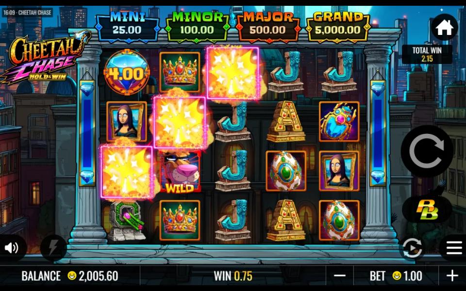 An avalanche in progress on the Cheetah Chase grid, winning symbols detonating while a prize diamond stays in place