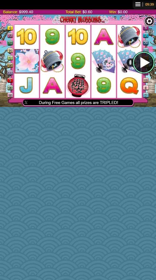 Cherry Blossoms slot showing 5x3 reels with the Geisha wild, pink blossom scatter, pagoda and lantern symbols